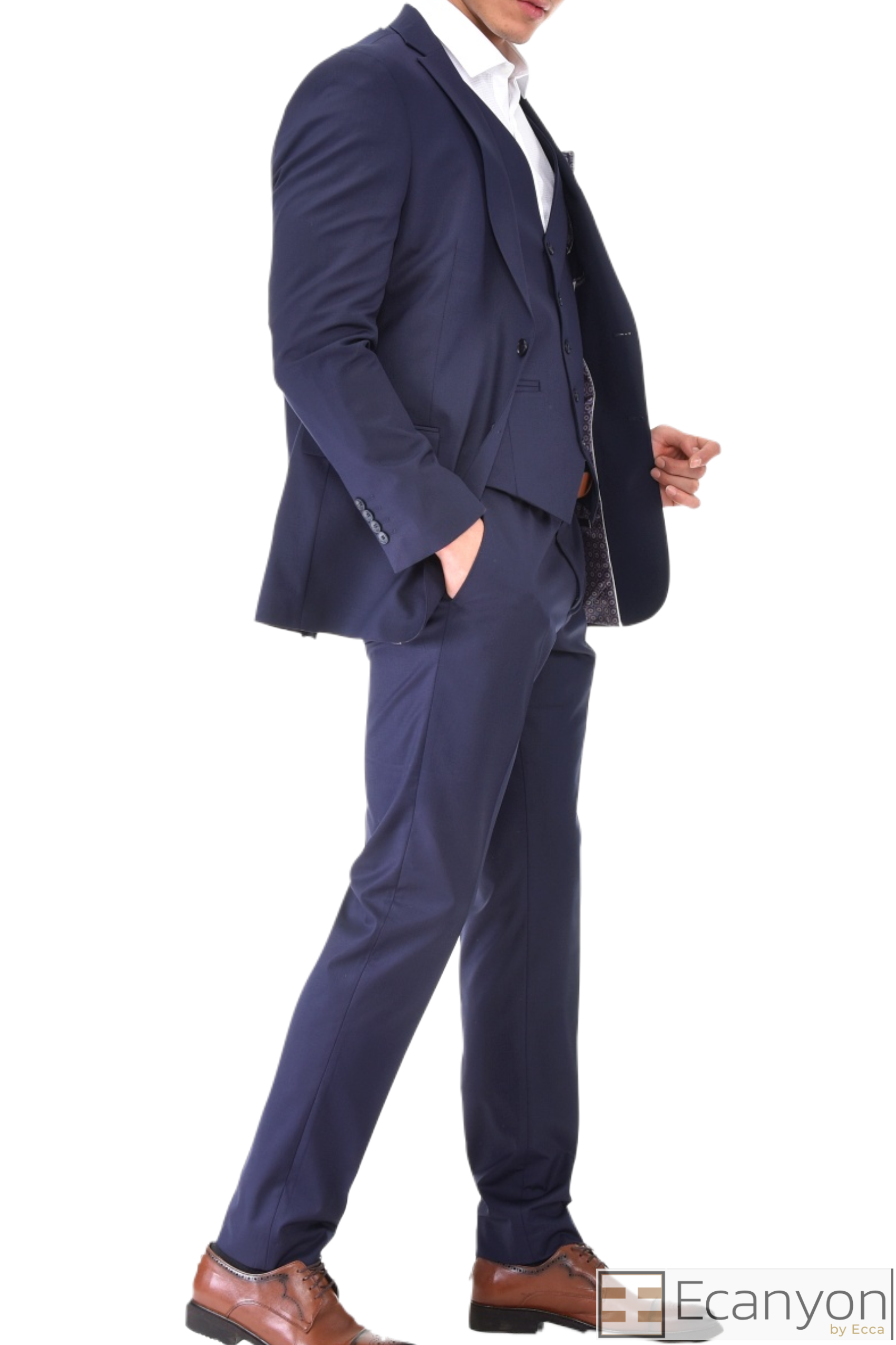 Navy Blue Plain 3 Piece Suit, A timeless a plain navy blue three piece suits that can be styled up for special events or styled down for the office. The matching quality a plain navy blue waistcoat and trousers are paired with a plain navy blue suit jacket. You’ll love the patterned lining panels on this suit, especially the one in the jacket’s breast pocket which doubles up as a pocket square. Master Tailored Fit  3 Piece Suit