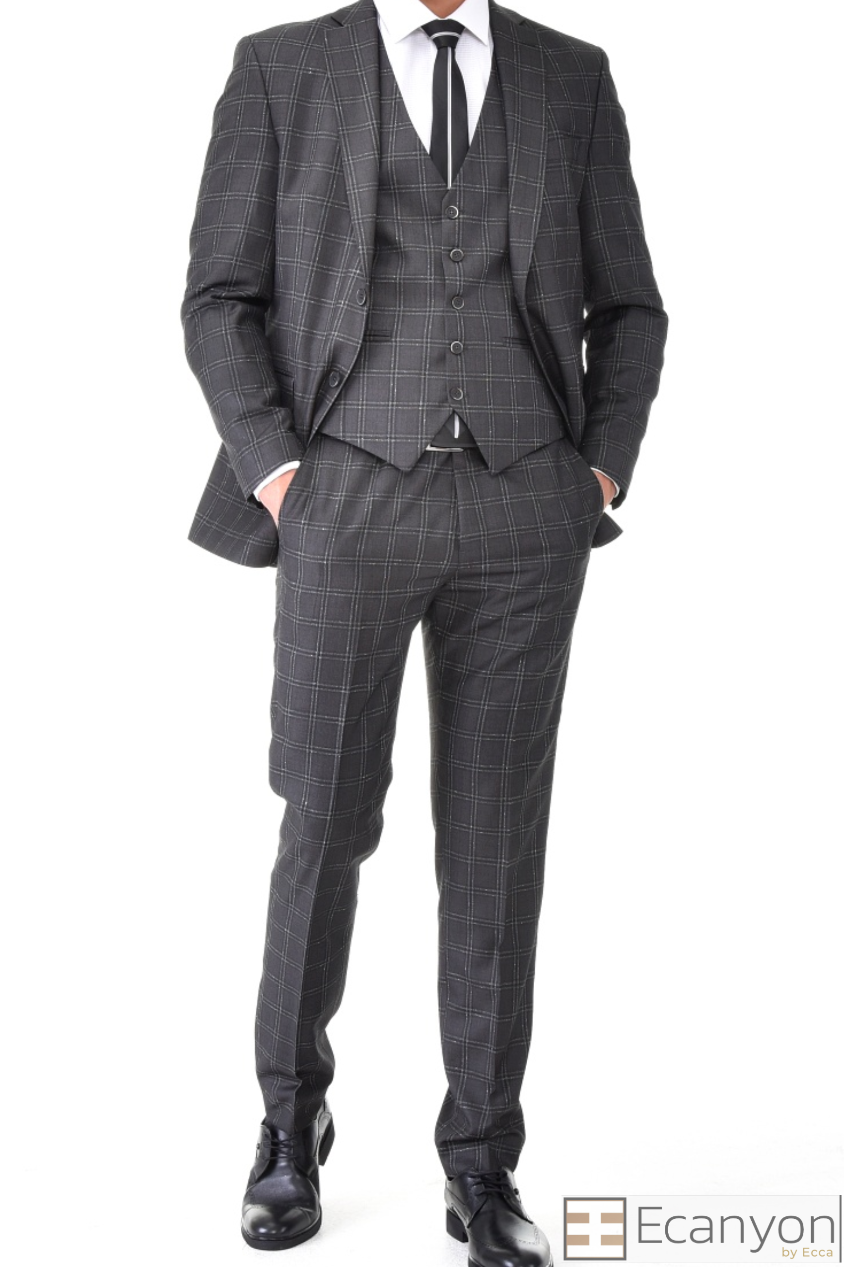Black Plaid Grey Three Piece Suit, A timeless a black matched design suit that can be styled up for special events or styled down for the office. The matching quality a black plaid grey matched design waistcoat and trousers are paired with a black plaid grey matched design  jacket. You’ll love the patterned lining panels on this suit, especially the one in the jacket’s breast pocket which doubles up as a pocket square. Master Tailor fit Suits