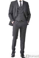 Black Plaid Grey Three Piece Suit, A timeless a black matched design suit that can be styled up for special events or styled down for the office. The matching quality a black plaid grey matched design waistcoat and trousers are paired with a black plaid grey matched design  jacket. You’ll love the patterned lining panels on this suit, especially the one in the jacket’s breast pocket which doubles up as a pocket square. Master Tailor fit Suits
