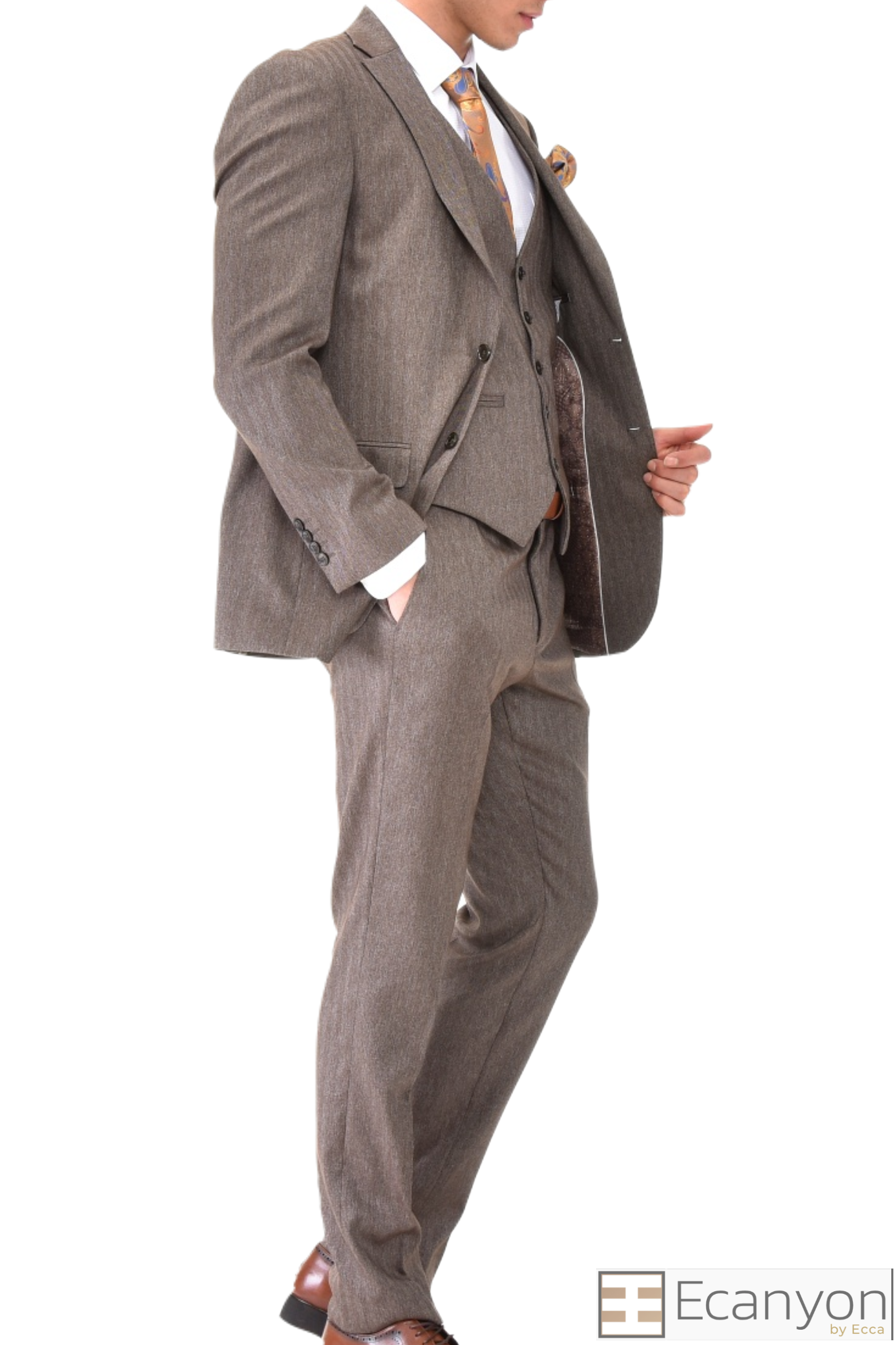 Brown Three Piece Suit Pattern Fabrics. A timeless a brown plain suit that can be styled up for special events or styled down for the office. The matching quality a brown plain waistcoat and trousers are paired with a brown plain suit jacket. You’ll love the patterned lining panels on this suit, especially the one in the jacket’s breast pocket which doubles up as a pocket square. Regular fit