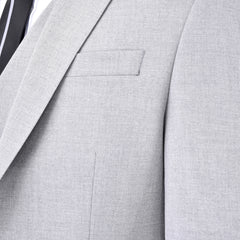 Ice Grey Plain Three Piece Suit, A timeless a plain grey three piece suits that can be styled up for special events or styled down for the office. The matching quality a plain grey waistcoat and trousers are paired with a plain grey suit jacket. You’ll love the patterned lining panels on this suit, especially the one in the jacket’s breast pocket which doubles up as a pocket square. Master Tailored Fit 3 Piece Suit