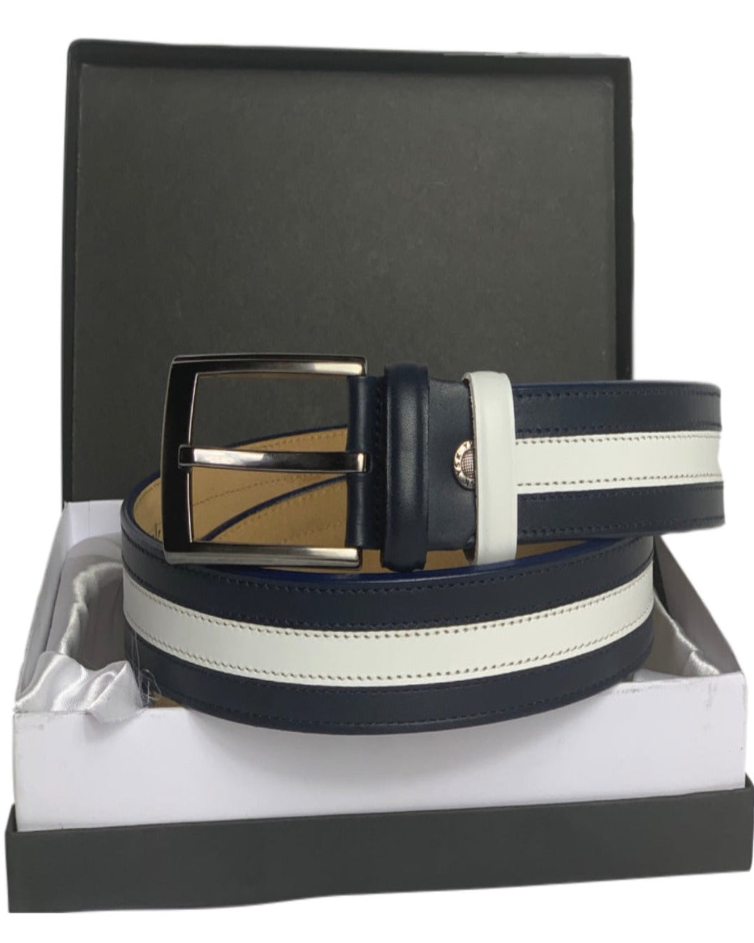 A navy and white genuine leather handmade belt, displayed in an open box with a black interior.