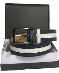 A navy and white genuine leather handmade belt, displayed in an open box with a black interior.