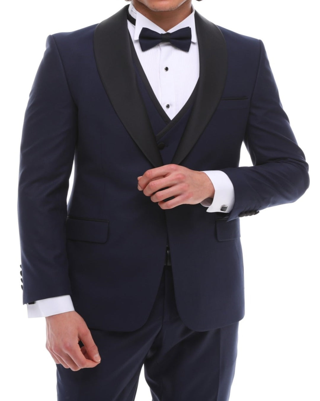Men's Navy blue tuxedo with a shawl lapel, a white vest, and a bow tie. 