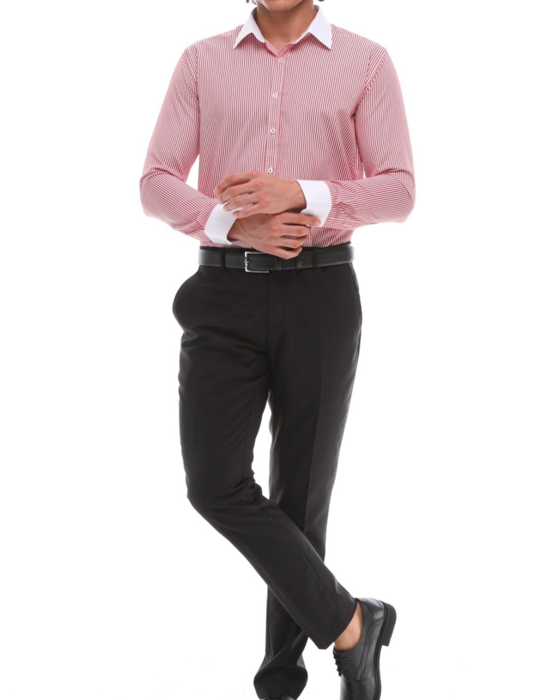 Men's Red Stripe Shirt with White Collar