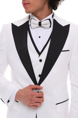Men's ANTIQUE White 4 Piece Tuxedo - White & Black Peaked Lapel Satin Details Suit