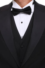 Men's ANTIQUE Black 4 Piece Tuxedo - Black Peaked Lapel Satin Details Suit