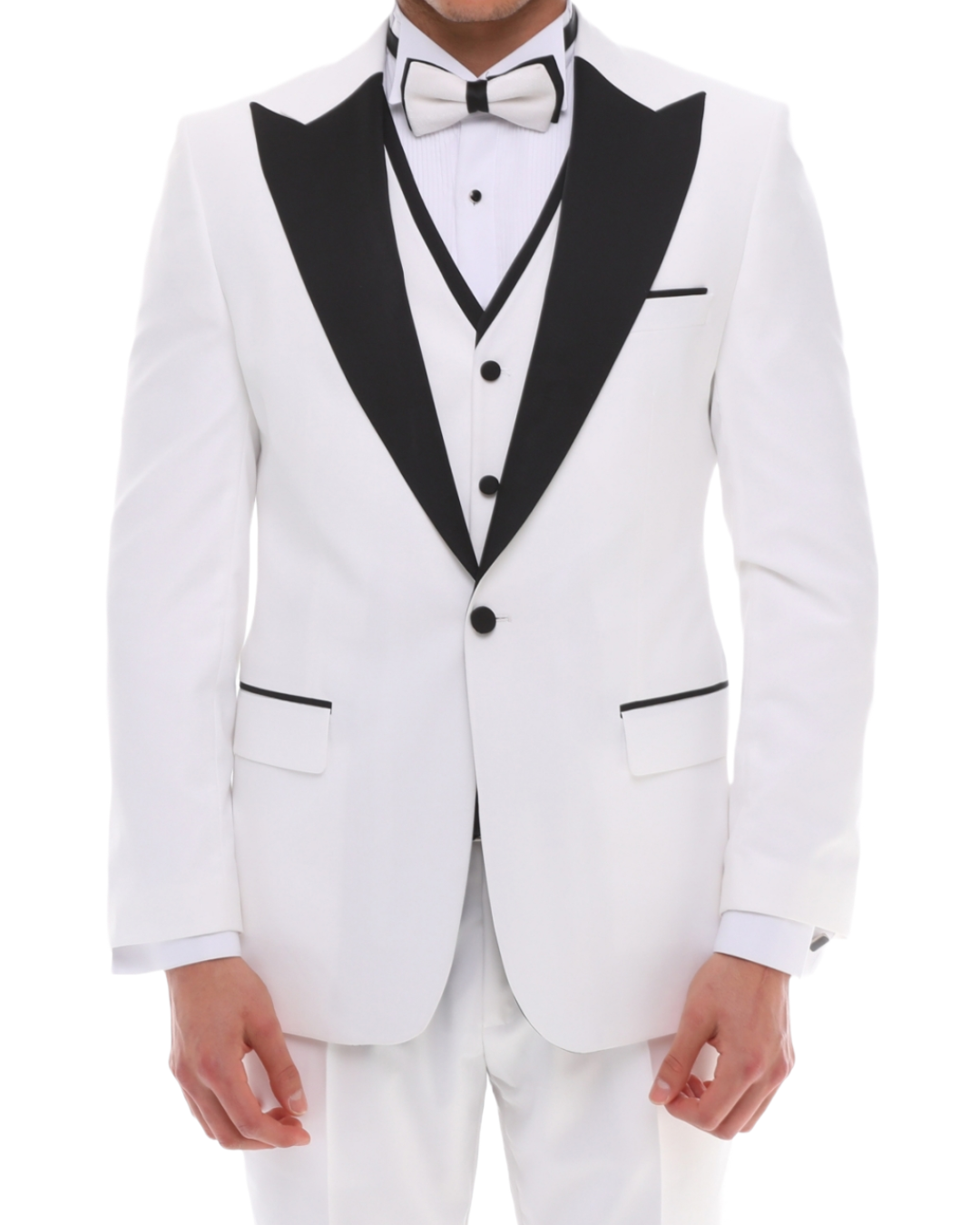 Men's ANTIQUE White 4 Piece Tuxedo - White & Black Peaked Lapel Satin Details Suit
