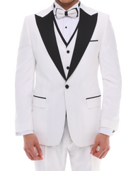 Men's ANTIQUE White 4 Piece Tuxedo - White & Black Peaked Lapel Satin Details Suit