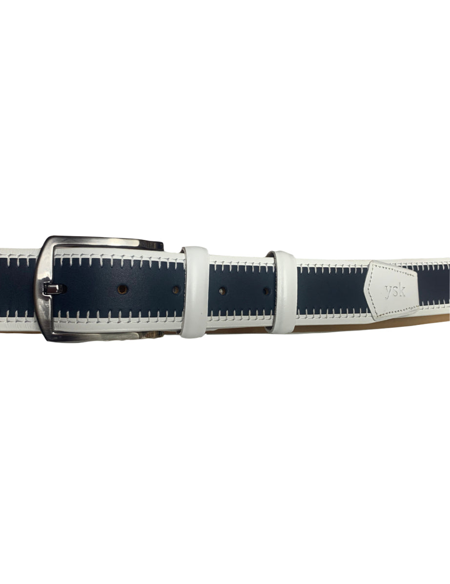 White & Navy Genuine Leather Handmade Belt for Men
