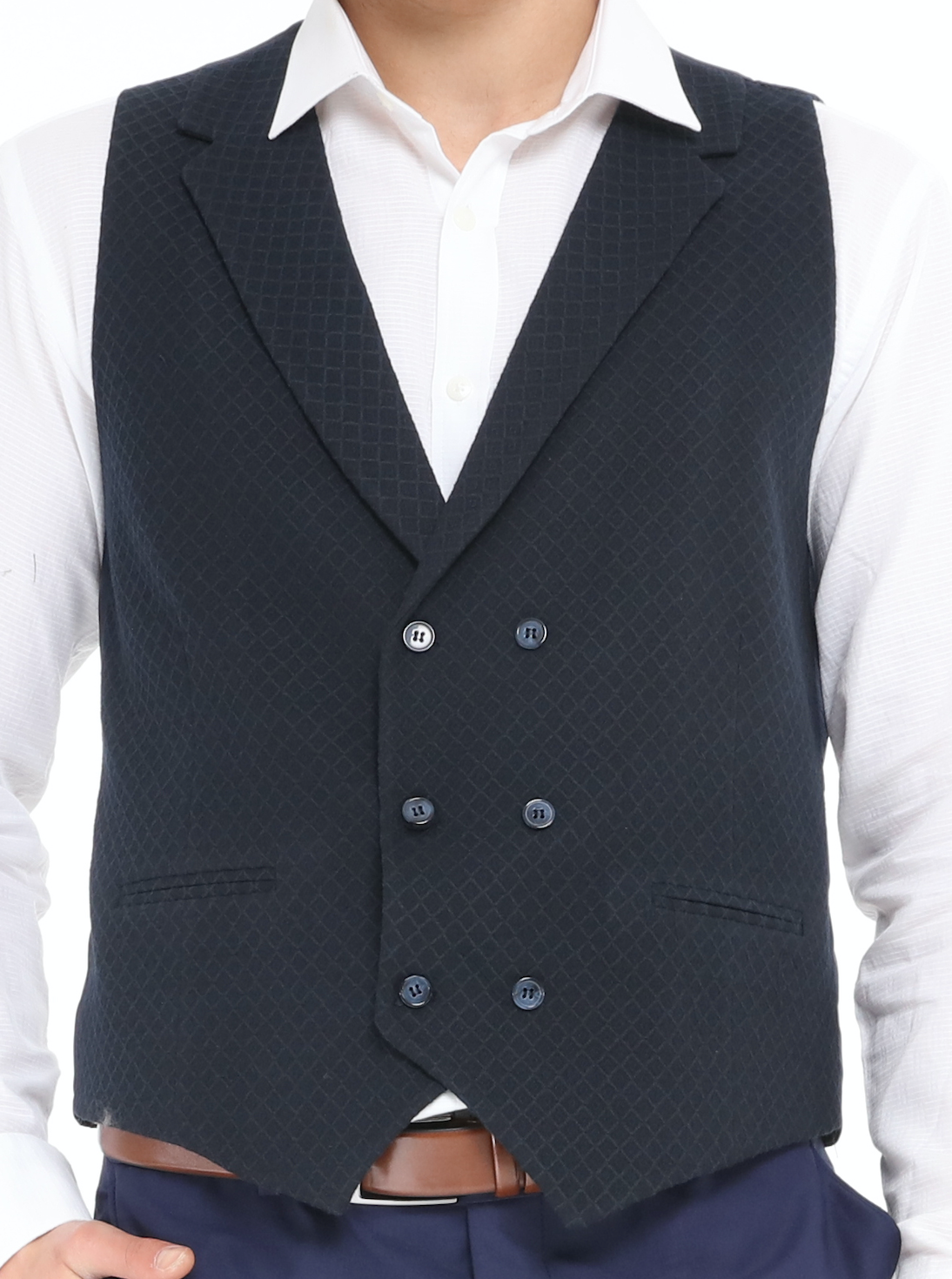 dark navy wool check waistcoat for men London