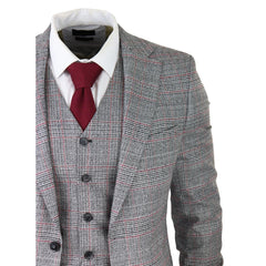 KENNDY ICONY PLAID SUIT - Men's 3 Piece Black & Grey & Red Notch-Lapel Check Suits