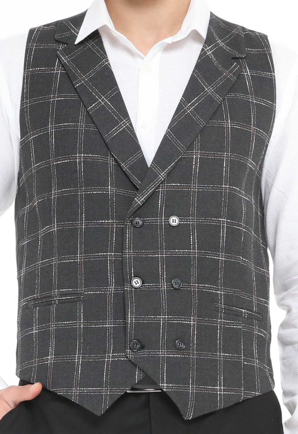 grey wool check waistcoat for men