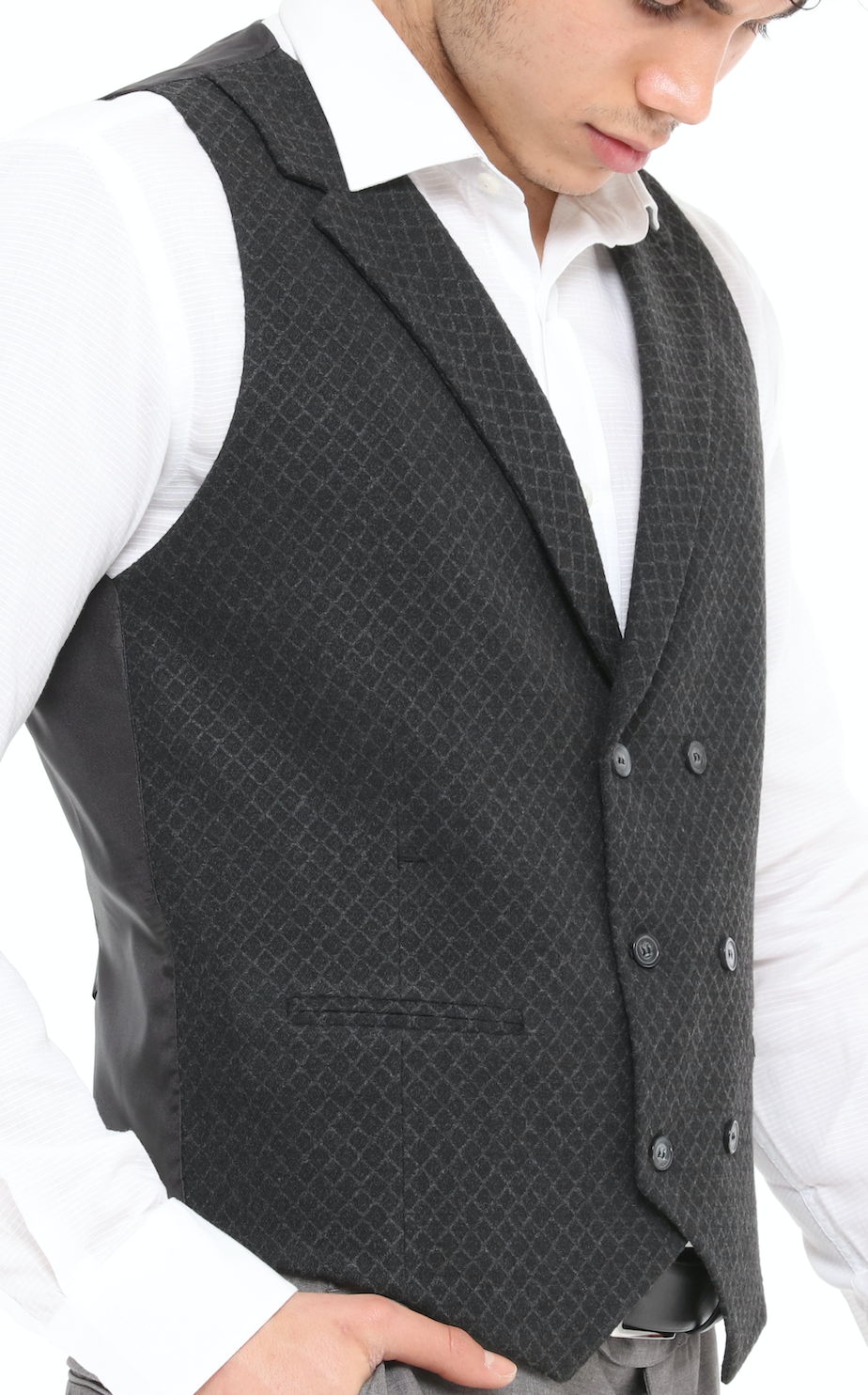 men's dark grey wool check waistcoat by designer