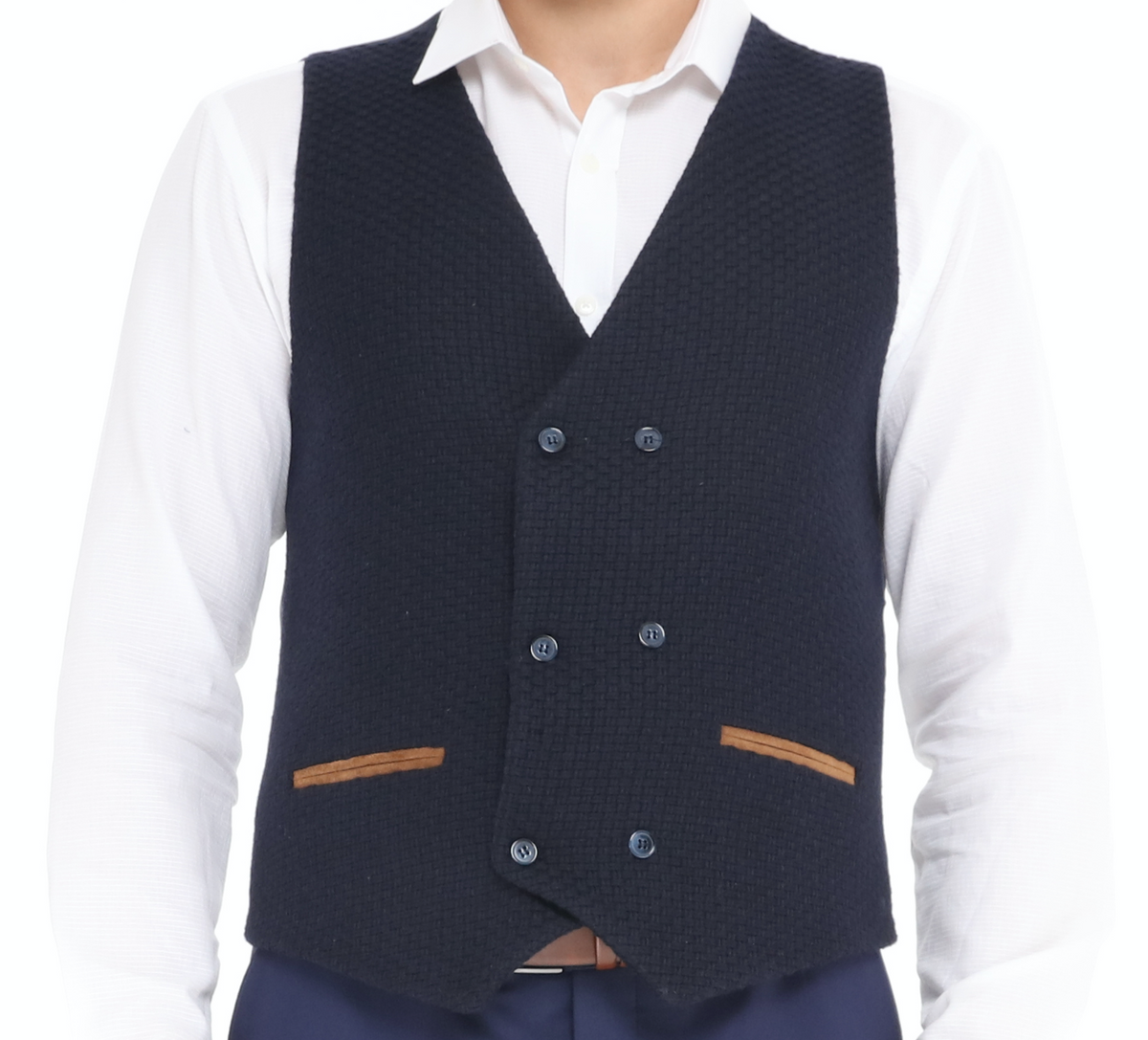 men's dark navy wool check waistcoat