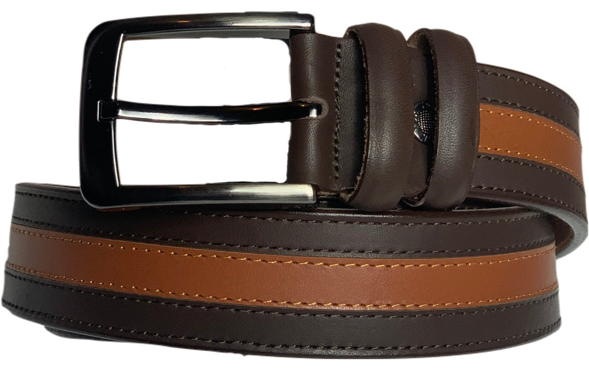 A brown and tan genuine leather handmade belt.