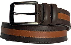 A brown and tan genuine leather handmade belt.